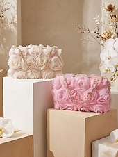 billige Aftenvesker-Elegant dameclutch med blomstermotiv, 3D-blomster og gullkjede, sofistikert håndveske til bryllup, cocktail og spesielle anledninger for damer.