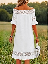 economico Abiti in pizzo bianco-Per donna Abito al ginocchio Abito in Pizzo Abito Bianco Elegante Moda Spiaggia Vacanza Ferie Vestibilità regolare Floreale Mezza Manica Senza Spalle Bianco Estate Primavera