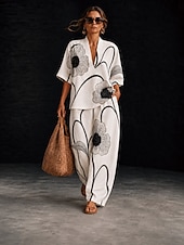cheap Women's Blouse Suits-Women's Shirt Cotton Linen Sets Pants Sets Short Sleeve Half Sleeve V Neck Floral Graphic Geometric Print Vacation Fashion Streetwear Casual Daily Outdoor Black White Ivory Spring &amp; Summer Loose Fit