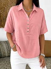 cheap Shirts-Women's Shirt Linen-feel Shirts Vintage Stylish Short Sleeve Turndown Regular Tops Daily Work Holiday Blue Black White Pink Light Brown Summer Spring
