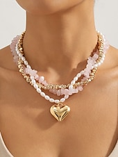 billiga Kvinnors halsband-Damhalsband med lager på lager och imitationspärlor, rosa stenar och guldpärlor, elegant chokerhänge för vardagsbruk, semester, trädgårdsfest och semiformella tillfällen