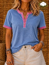  Per donna Cotone lavato 100% cotone Patchwork Bottoni Vintage Manica Corta Girocollo Top Regolari Blu Rosa Estate Primavera