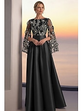 preiswerte A-Linie Abendkleider-A-Linie Bodenlang Perlenbestickt Abendkleid Kleid der Brautmutter Abendkleid Ballkleid Festliche Kleidung Elegant Farbblock Langarm Rundhalsausschnitt Hochzeit Formell Tasche Satin Spitze Tiefer