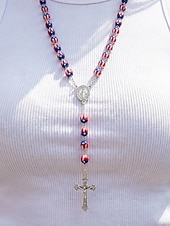  Halsband med kors i amerikanskt flagga för kvinnor - patriotiskt långt hänge med röda vita blå pärlor för amerikanskt 250-årsjubileum, självständighetsdagen och religiösa evenemang &smycken för