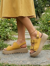 baratos Sandálias de Plataforma-Sandálias femininas amarelas de plataforma – sandálias casuais de verão com solado grosso e fivela ajustável, ideais para caminhadas e viagens. &amp;uso diário
