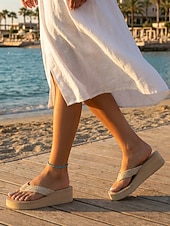 preiswerte Frauen-Damen-Flip-Flops aus Stroh mit Plateausohle – sommerliche Keilsandalen im Boho-Stil mit geflochtenen Riemen, ideal für Strandurlaub und Resort-Aktivitäten. &amp;gemütliches Spazierengehen im Freien