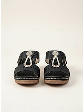 baratos Chinelos de slide-sandálias mule femininas de salto grosso – design com strass vazado, decoração com fivela retrô, sola confortável, para caminhadas ao ar livre, jardim e roupas casuais de verão