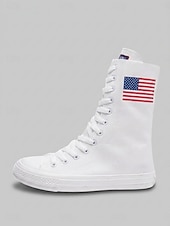  Women's White Patriotic High Top Canvas Sneakers – USA Flag Canvas Lace-Up Boots for Independence Day, Parade & Casual Streetwear