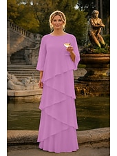 abordables Largo del piso-Funda Columna Hasta el Suelo Vestido Invitada Boda Vestido formal Vestido de noche Vestido de Madrina Manga 3/4 Cuello Barco Elegante Formal Gasa con Volantes