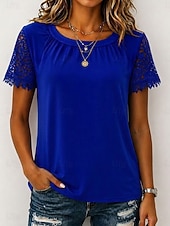  Dames Overhemd Blouse Kanten topjes Kant Effen Stijlvol Klassiek Modern Korte mouw Strakke ronde hals Normale tops Dagelijks Feestdagen Uitgaan blauw Zwart Wit Blozend Roze Rood Zomer Lente