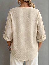 billige Enkle bluser-Dame Skjorte Chiffongoverdeler Jacquard Knapper Helfarge Årgang Stilfull 3/4 ermer Crew-hals Vanlige topper Avslappet Ut på byen Kakifarget Svart Hvit Sommer Vår