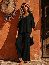 cheap Sets-Women's Cotton Linen Sets Pants Sets Bolero Long Sleeve Crew Neck Solid Color Fashion Streetwear Casual Daily Outdoor Blue Black White Summer Regular Fit