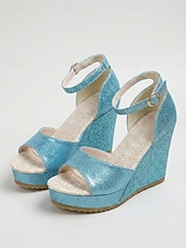 cheap Wedge Sandals-Women's Sky Blue Glitter Wedge Sandals - Sparkly Open Toe Platform Heels with Ankle Strap for Island Vacation, Beach Resort Wear &amp; Summer Party