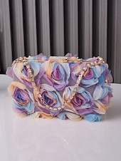 billige Aftenvesker-Elegant dameclutch med blomstermotiv, 3D-blomster og gullkjede, sofistikert håndveske til bryllup, cocktail og spesielle anledninger for damer.