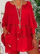 baratos Blusas Simples-Mulheres Blusa Renda Côr Sólida à moda Básico Casual Manga Longa Decote V Tops regulares Casual Diário Praia Branco Amarelo Vermelho Marron Verão Primavera Outono