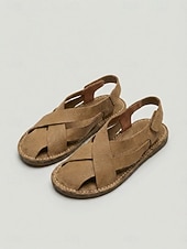 cheap Flat Sandals-Women's Khaki Crisscross Strap Flat Sandals - Closed-Toe Sandals with Adjustable Magic Tape, Casual Non-Slip Footwear for Summer Outings, Travel &amp; Daily Wear