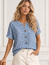 economico Bluse Floreali-Per donna Blusa Bottoni Stampato Floreale Grafico Vintage Elegante Moderno Manica Corta Colletto a Camicia Top Regolari Casuale Quotidiano Blu Rosa Viola Verde Estate Primavera