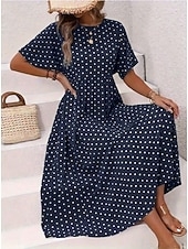 preiswerte Einfaches Kleid-Damen Midikleid Freizeitkleid T-Shirt-Kleid A Linie Kleid Elegant Mode Modern Outdoor Urlaub Ausgehen Normale Passform Tupfen Kurzarm Rundhalsausschnitt Blau Gelb Rosa Grün Sommer Frühling