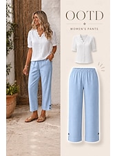 abordables Pantalon droit-Femmes Pantacourt Chino Longueur cheville Naturel Couleur Unie Avec Poches Confortable Non Elastique Décontracté Quotidien Noir Blanche Rose Claire Vert foncé Printemps Automne Coupe Ample