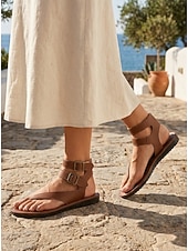 cheap Women-Women's Retro Leather Strappy Sandals - Casual Thong Flat Gladiators with Adjustable Ankle Buckle Straps for Island Vacation, Beach &amp; Cruise