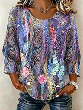 abordables Chemises-Femmes Chemises effet lin Chemisier Imprimé Fleuri Graphique Bohème ancien Tropical Manche 3/4 Col ras du cou Hauts Réguliers Occasionnel Quotidien Vêtements de vacances Vert herbe Rose Claire Violet