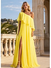 cheap Long Dresses &amp; Gowns-A-Line Floor Length Prom Dresses Elegant Sleeveless One Shoulder Formal Wedding Guest Stretch Chiffon with Ruffles Slit