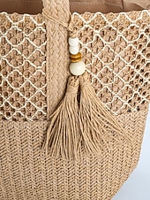 economico Borse da viaggio per vacanze-Borsa tote da donna in stile bohémien intrecciata, borsa a tracolla capiente color kaki beige da spiaggia con ciondolo a nappina, ideale per vacanze al mare, viaggi e abbigliamento casual quotidiano.