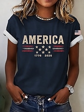 día de la independencia americana Mujer Camiseta Estampado Graphic Bandera Letra Vintage Moda Elegante Manga Corta Cuello Barco Escote Redondo Tops largos Casual Diario Fin de semana Negro Blanco