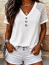 preiswerte Einfarbiges T-Shirt-Women's T Shirt Lace Solid Color Vintage Stylish Casual Short Sleeve V Neck Regular Tops Casual Daily Blue White Yellow Pink Summer Spring