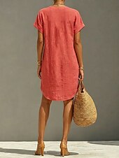 economico Vestiti-Per donna Abito al ginocchio Abiti di lino Vintage Quotidiano Taglia piccola Semplice Manica Corta Scollo a V Cachi Rosso Arancione Estate