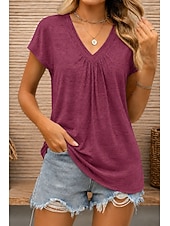 billiga Enkel t-shirt-Dam T-shirt T-tröja Ensfärgat Elegant Mode Ledigt Kortärmad V-hals Crop Tops Ledigt Dagligen Sommar Vinrött Blågrön Svart Vit Rodnande Rosa Sommar Vår