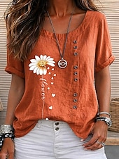 baratos Blusas Florais-Mulheres Blusa Botões Imprimir Floral Gráfico Vintage Tropical à moda Manga Curta Tops curtos Casual Feriado Azul Azul Marinha Laranja Verde Verão Primavera