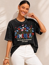 abordables Tops del Día de San Valentín-Día de la Independencia de Estados Unidos, mujer, 100% algodón, bordado, estilo vintage, elegante, manga corta, cuello redondo, tops regulares, casual, negro, verano, primavera