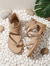 abordables Sandales Gladiateur-Sandales plates beiges à brides pour femmes - sandales gladiateur beiges minimalistes avec boucle à la cheville et fermeture éclair à l'arrière, idéales pour les vacances en plein air et les visites