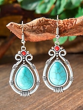 preiswerte Damen Ohrringe-Türkisfarbene Boho-Ohrringe für Damen – Vintage-Ohrhänger aus einer Legierung in Tropfenform mit ethnischen Gravuren, perfekt für den Sommerurlaub am Strand und den Alltag. &amp;Schmuckgeschenk im