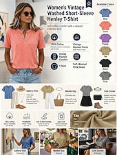 billige Enkle bluser-softfade™ dameskjorte i 100 % bomull, henley, vintage, mote, stilig, kortermet, vanlige topper, avslappet, strand, blå, khaki, svart, lilla, oransje, vår