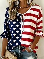  American Independence Day Women's Blouse Buttons Print Graphic American Flag Vintage Daily Stylish Half Sleeve Crew Neck Regular Tops Casual Daily Blue Red Summer Spring