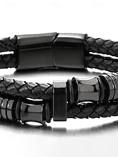 abordables Bijoux pour hommes-cuir synthétique à fermeture magnétique pour homme &amp;Bracelet en acier inoxydable noir, résistant et élégant, idéal pour offrir, pour les vacances à la plage ou au quotidien.