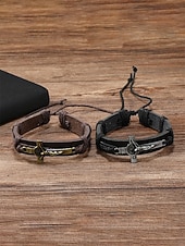baratos Jóias Masculinas-Pulseira masculina de couro genuíno com liga metálica e cruz, ajustável nas cores preta ou marrom, joia vintage casual para uso diário, viagens e looks de férias.