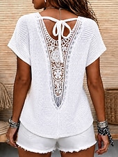  Mujer Camisa Blusa con textura Parte superior con ojales Top de empalme de encaje Jacquard Encaje Retazos Elegante Bohemia Vintage Manga Corta Cuello Barco Tops regulares Casual Negro Blanco Verde