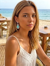 preiswerte Damen Ohrringe-Türkisfarbene Boho-Ohrringe für Damen – Vintage-Ohrhänger aus einer Legierung in Tropfenform mit ethnischen Gravuren, perfekt für den Sommerurlaub am Strand und den Alltag. &amp;Schmuckgeschenk im