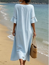 preiswerte Kleider-Damen Midikleid Kleider in Leinenoptik Sommerkleid Basic Klassisch Täglich Urlaub Lässiger Schnitt Einfach Halbarm V Ausschnitt Blau Weiß Hellgrün Aprikose Sommer Frühling