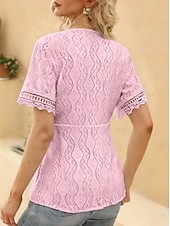  Mulheres Blusa Textura Elegant Elegante Boêmia Vintage Manga Curta Decote V Tops curtos Casual Diário Para Noite Damasco rosa Preto Branco Rosa Roxo Verão Primavera