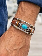 abordables Accessoires de vacances-Bracelet manchette pour homme en cuir turquoise avec tête de mort et détails métalliques, style bohème western, parfait pour une tenue décontractée au quotidien.