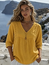 economico Camicie-Per donna Camicia Tinta unica Semplice Bohemien Vacanza Vintage Scollo a V Top lunghi Casuale Blu Bianco Nero Giallo Rosa Estate Primavera