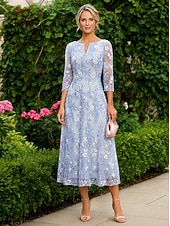abordables Longitud a la altura del tobillo-Corte A Vestidos Hasta el Suelo Vestido Midi Vestido de encaje Vestido Cóctel Vestido de Madrina Manga 3/4 Cuello Barco Escote en Pico Elegante Sencillo Casual Formal Invitado a la boda Semi-formal
