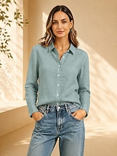 cheap Plain Blouses-Women's Shirt Solid Color Plain Vintage Daily Stylish Long Sleeve Shirt Collar Regular Tops Casual Blue White Pink Navy Blue Brown Summer Spring