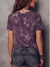  女性用 Tシャツ コットンシャツ ティートップ フリル アシッドウォッシュ ヴィンテージウォッシュ ヴィンテージ ファッション スタイリッシュ 半袖 カウルネック ロングトップス カジュアル 日常 お出かけ パープル 夏 春