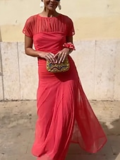 cheap Chiffon Dresses-Women's Maxi Dress Chiffon Dress Prom Dress Cocktail Dress Elegant Fashion Modern Vacation Party Wedding Guest Regular Fit Plain Short Sleeve Crew Neck Red Navy Blue Purple Green Summer Spring