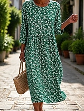 economico Abiti floreali-Per donna Abito Midi Vestito Estivo Abito Estivo Vacanza Casual Boho Spiaggia Ferie Vestibilità regolare Floreale Grafico Manica 3/4 Girocollo Blu Rosa Rosso Verde Estate Primavera